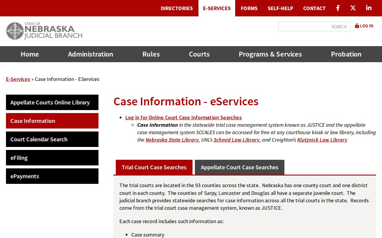 Lincoln resident lookup JUSTICE court fields and fees screen